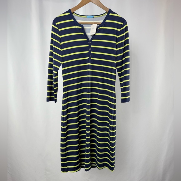 NWT J. McLaughlin Lynn Stripe 3/4 Sleeve Henley Shirt Dress in Navy Yellow Small